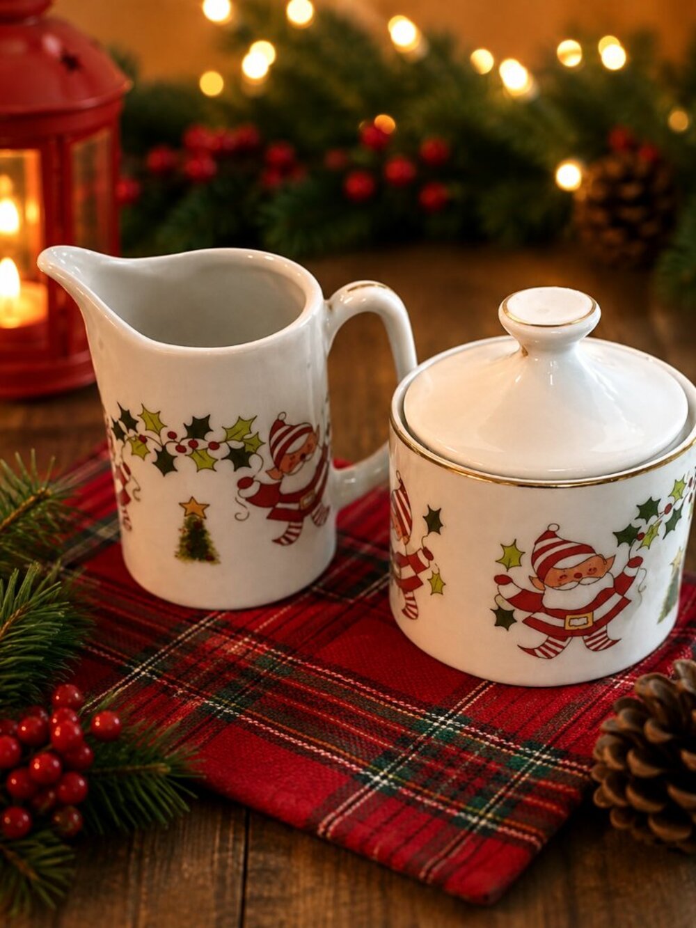 Vintage George Good Christmas Cream & Sugar Set Porcelain Elves Santa Japan